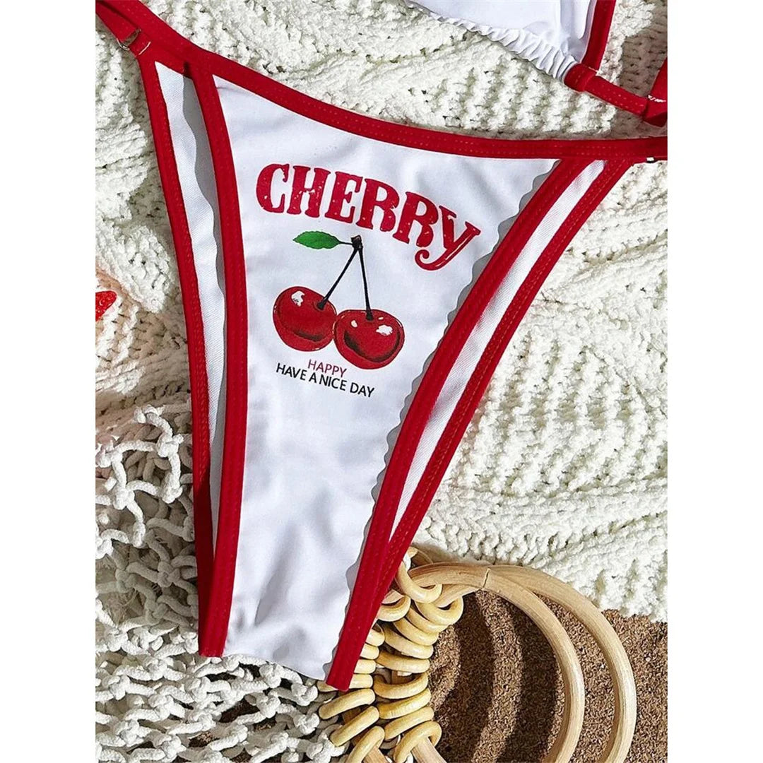 XS - L Maillot de bain pour femmes, bikini à manches courtes imprimé cerise, ensemble de bikini trois pièces,