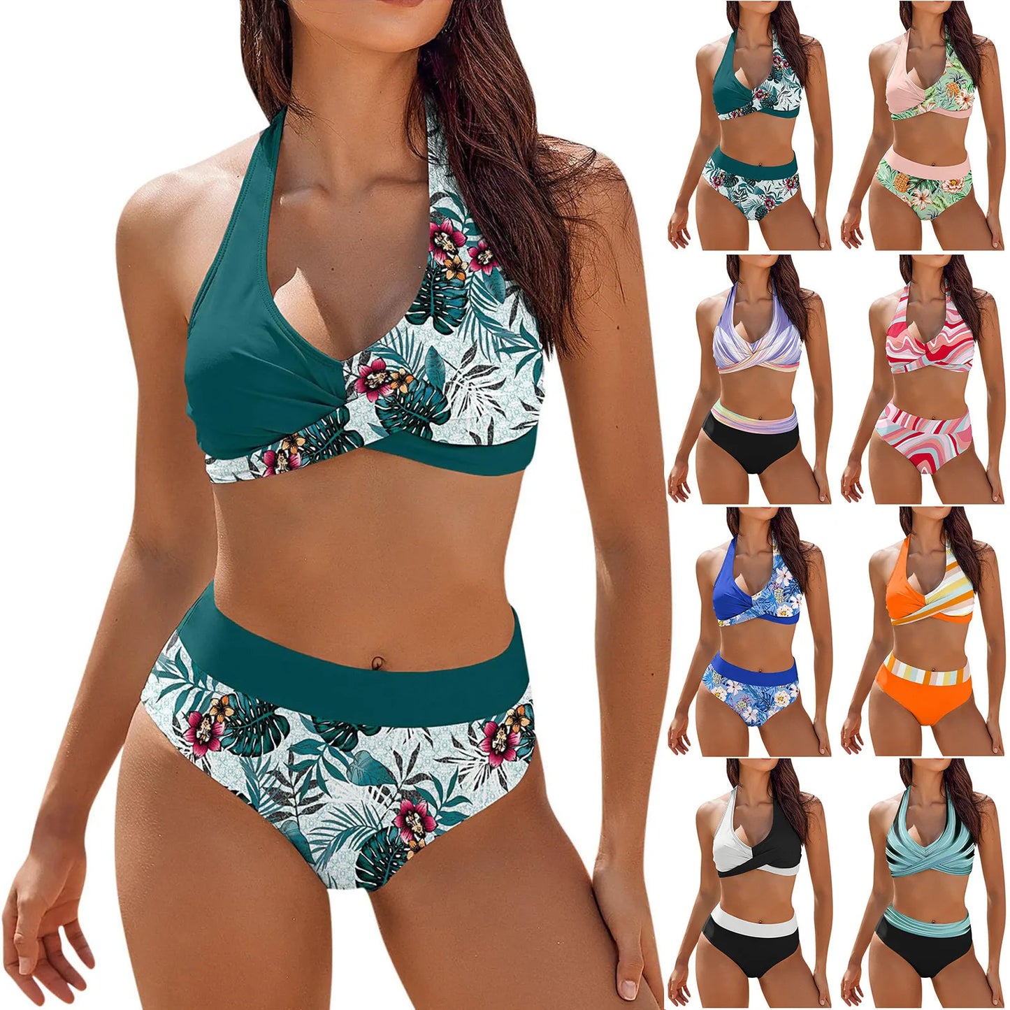 Maillot de bain femme à imprimé floral en colour block bikini Beach taille haute deux pièces pour adolescentes biquinis feminino tendance
