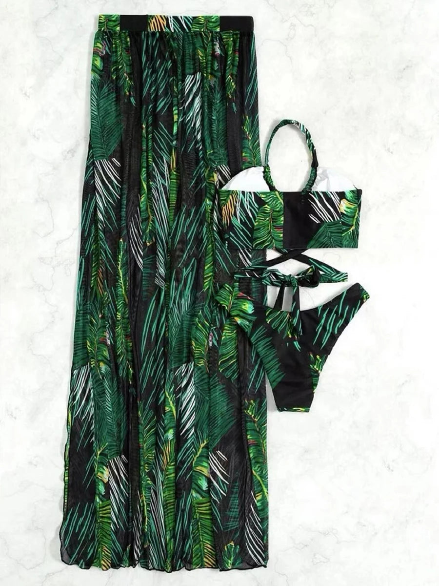 Bikinis 3 pièces Halter 2025 maillot de bain bandage et robe de plage maillots de bain sexy femmes vêtements de bain maillot