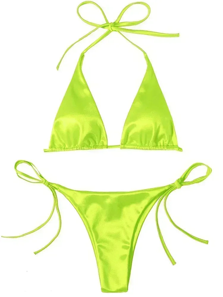 Ensemble de bikini satin métallique brésilien pour femmes, maillot de bain à deux pièces, maillot de bain à taille haute,