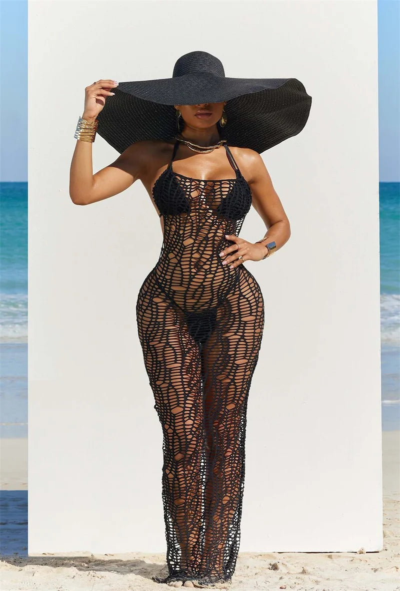 Ensemble de bikini sexy en 3 pièces pour femmes, robe longue de couverture sans dos, en maille à découpe, haut de soutien-gorge noué derrière le cou + maillot de bain culotte.