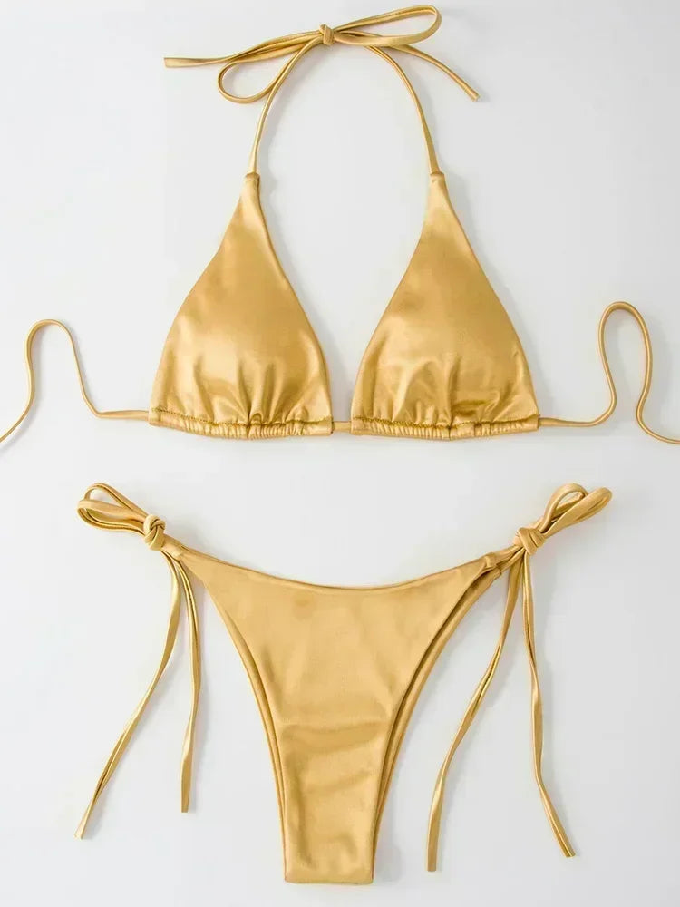Ensemble de bikini satin métallique brésilien pour femmes, maillot de bain à deux pièces, maillot de bain à taille haute,