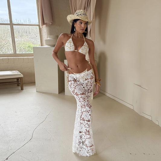 Bikini sexy en dentelle blanche 3 pièces 2025 Maillot de bain pour femmes, paréo long, ensemble de bikini