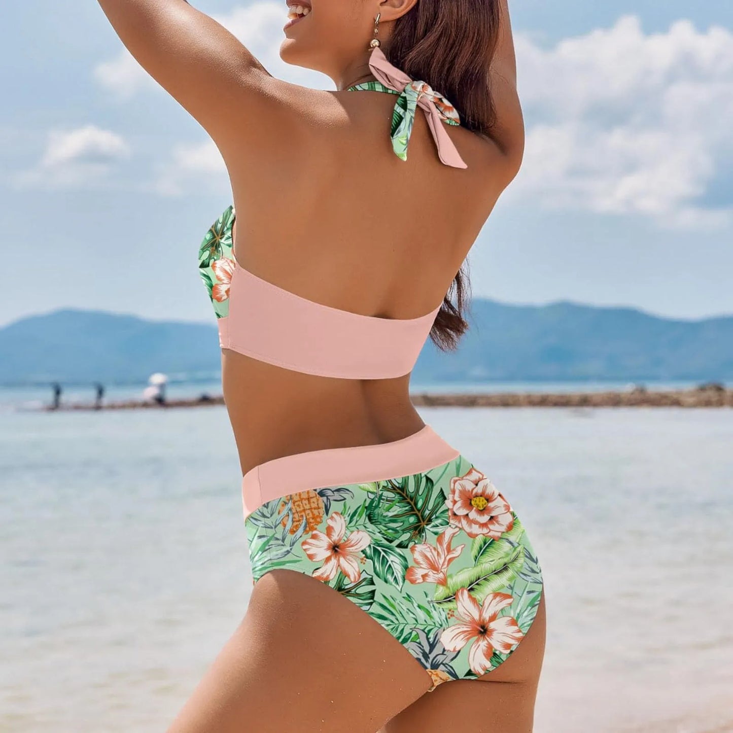 Maillot de bain femme à imprimé floral en colour block bikini Beach taille haute deux pièces pour adolescentes biquinis feminino tendance