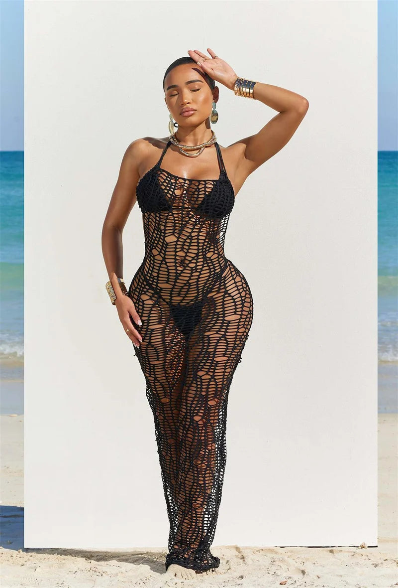 Ensemble de bikini sexy en 3 pièces pour femmes, robe longue de couverture sans dos, en maille à découpe, haut de soutien-gorge noué derrière le cou + maillot de bain culotte.