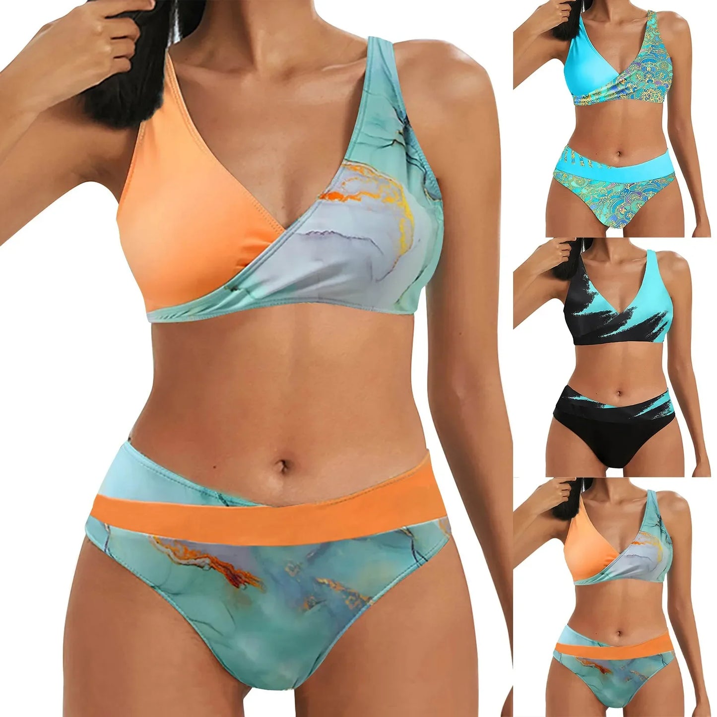 Maillots de bain pour femmes big poitrine élastiques taille haute bikinis sexy push-up deux pièces maillot de bain dames vintage imprimé biquinis