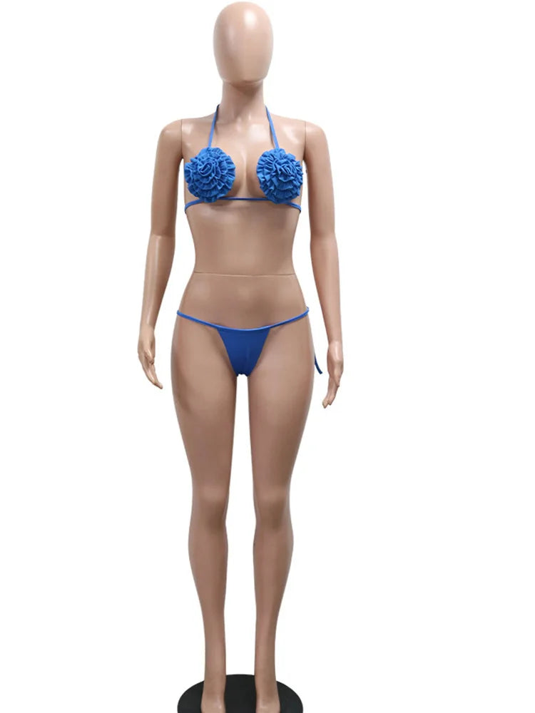 Ensemble de bikini 3 pièces pour femmes Beyprern en bleu royal avec fleur