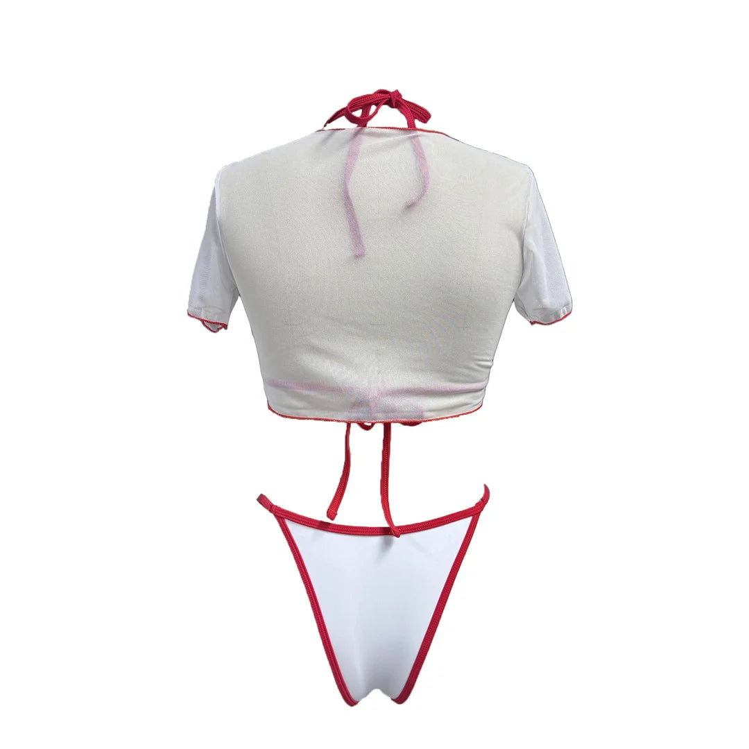 XS - L Maillot de bain pour femmes, bikini à manches courtes imprimé cerise, ensemble de bikini trois pièces,