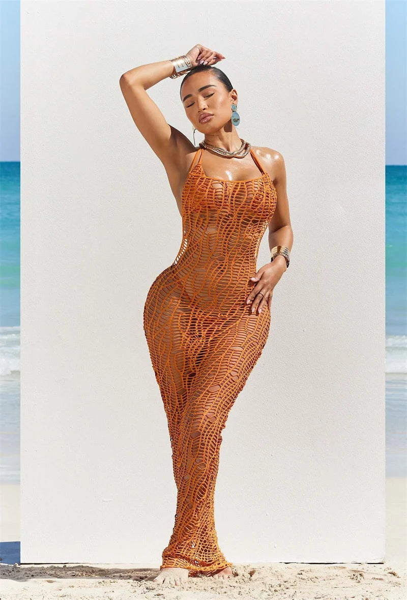 Ensemble de bikini sexy en 3 pièces pour femmes, robe longue de couverture sans dos, en maille à découpe, haut de soutien-gorge noué derrière le cou + maillot de bain culotte.