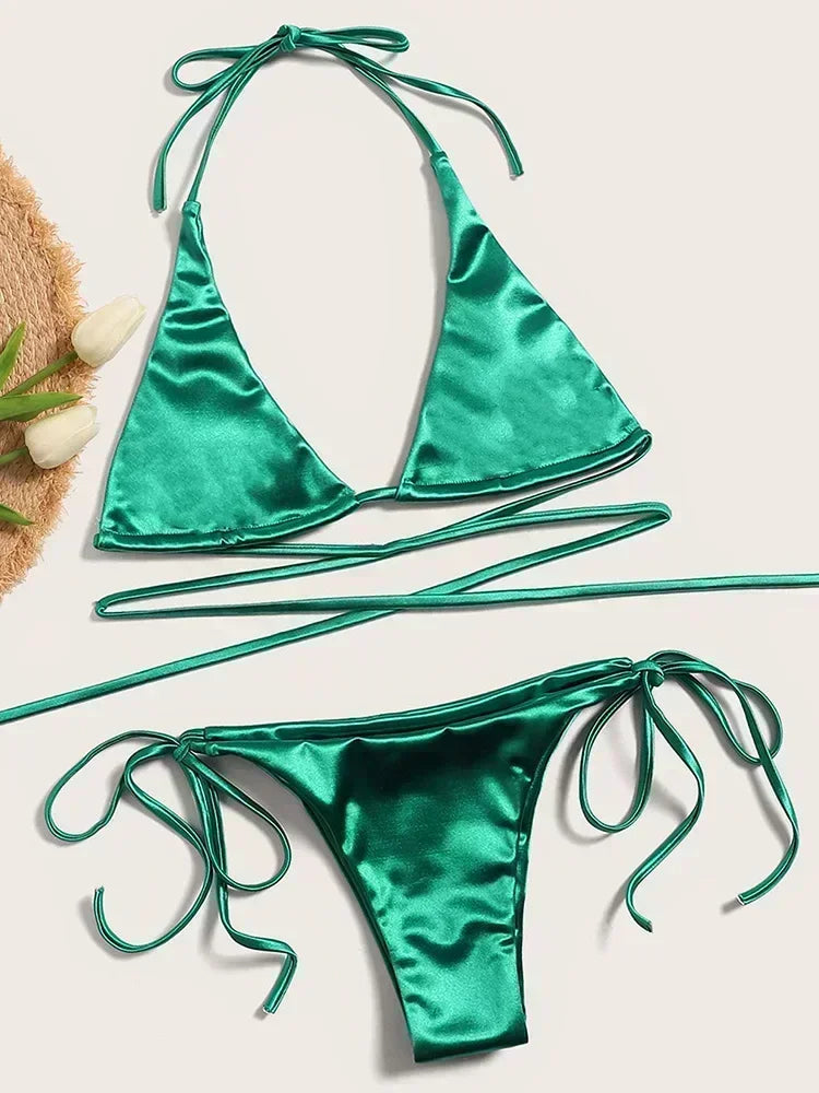Ensemble de bikini satin métallique brésilien pour femmes, maillot de bain à deux pièces, maillot de bain à taille haute,