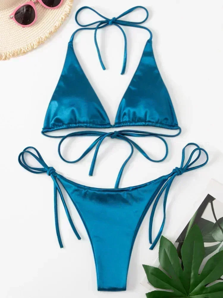 Ensemble de bikini satin métallique brésilien pour femmes, maillot de bain à deux pièces, maillot de bain à taille haute,