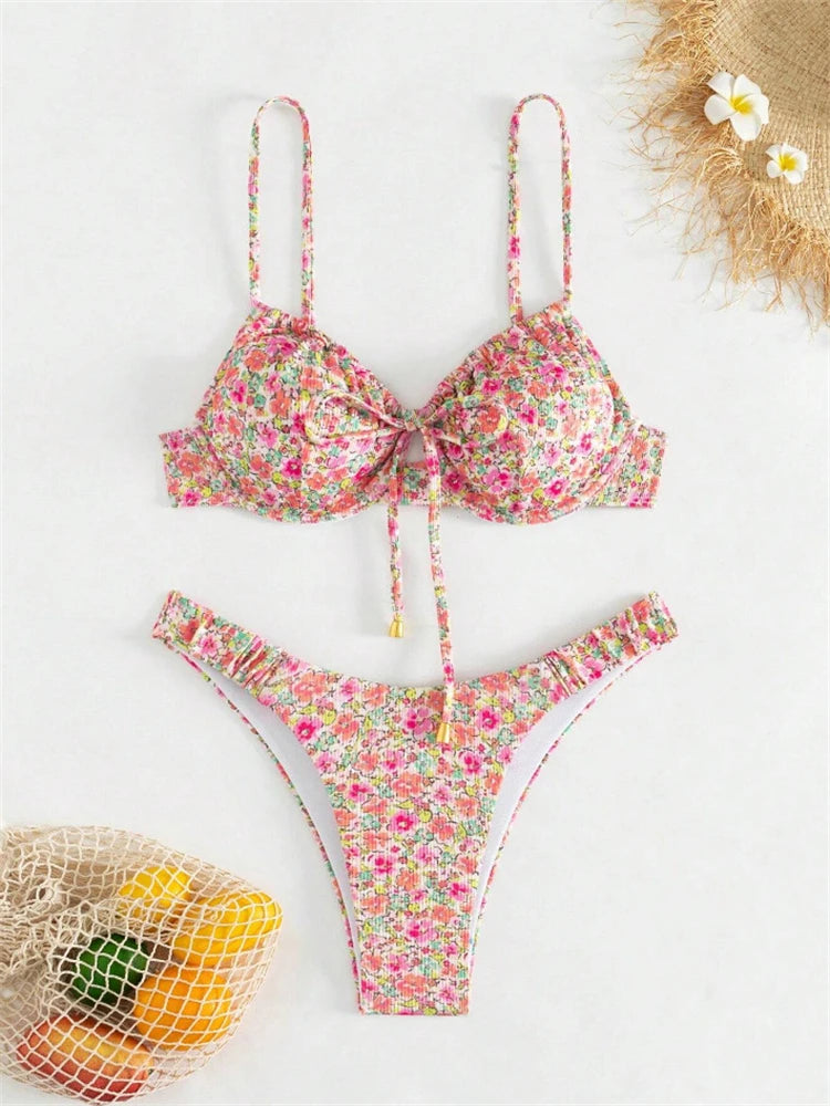 Bikini Femme Maillot de Bain 2025 Nouveau Imprimé Bretelles Ribs Bikinis Ensemble Sexy Culotte Maillot de Bain Été Deux Pièces Tenue de Plage Maillot de Bain Féminin
