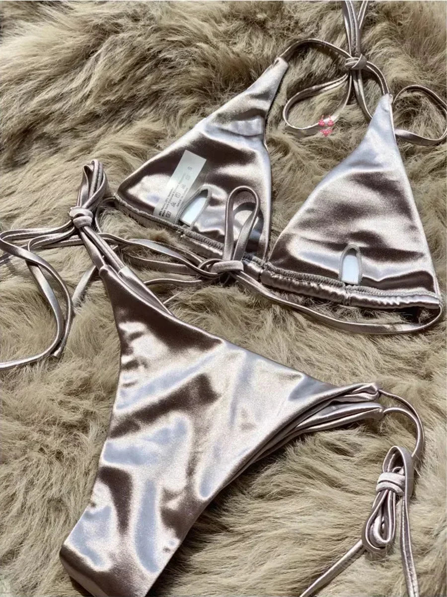 Ensemble de bikini satin métallique brésilien pour femmes, maillot de bain à deux pièces, maillot de bain à taille haute,
