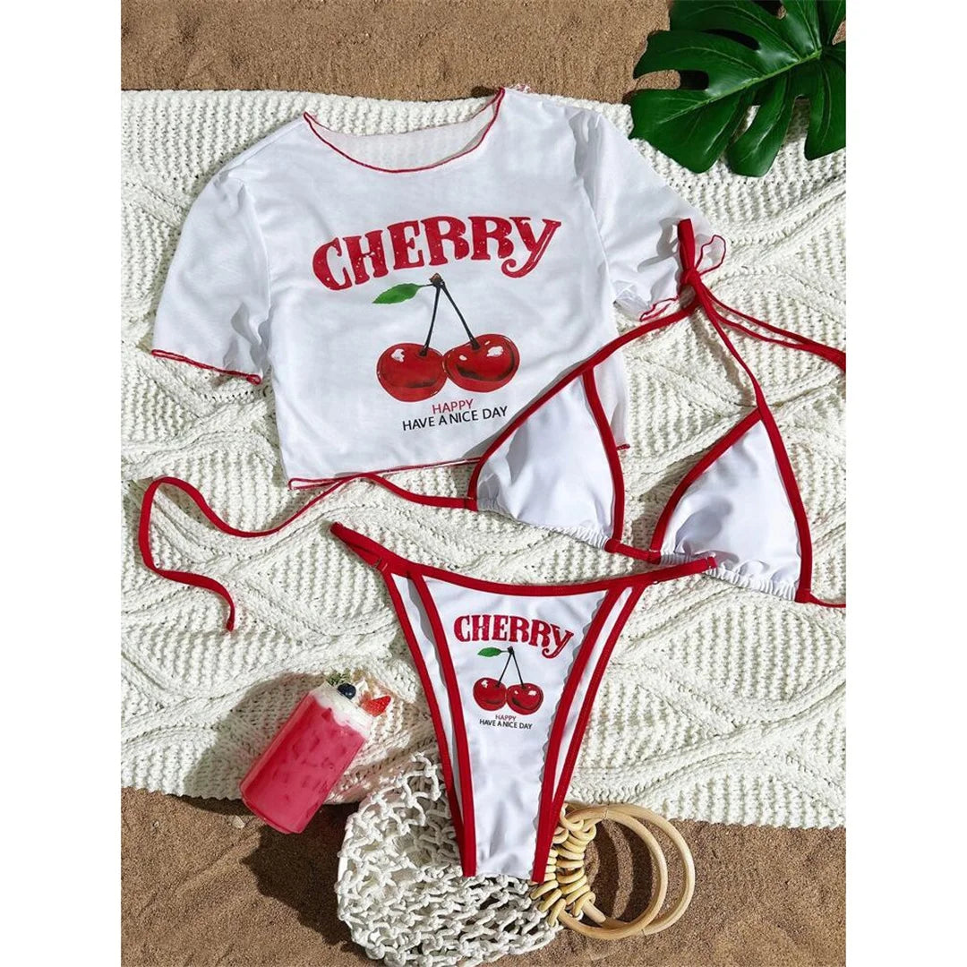 XS - L Maillot de bain pour femmes, bikini à manches courtes imprimé cerise, ensemble de bikini trois pièces,