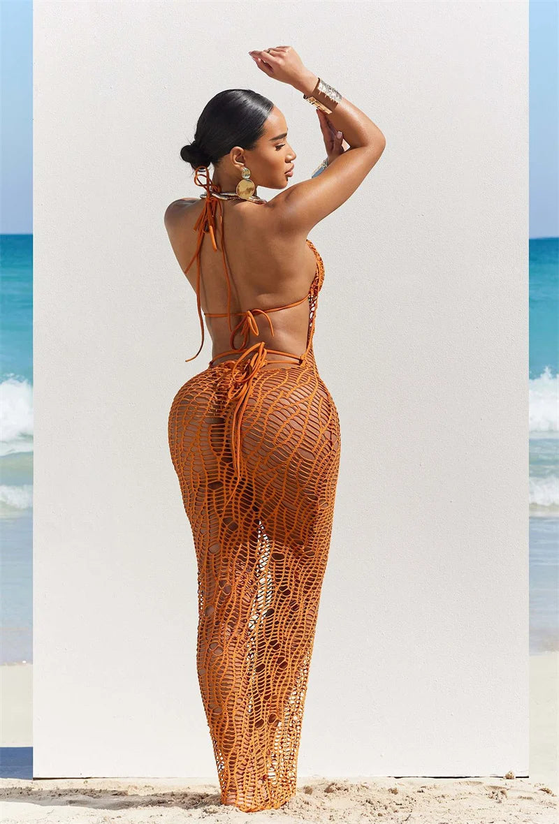 Ensemble de bikini sexy en 3 pièces pour femmes, robe longue de couverture sans dos, en maille à découpe, haut de soutien-gorge noué derrière le cou + maillot de bain culotte.