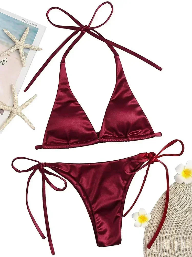 Ensemble de bikini satin métallique brésilien pour femmes, maillot de bain à deux pièces, maillot de bain à taille haute,