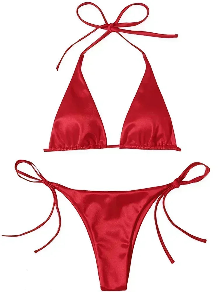 Ensemble de bikini satin métallique brésilien pour femmes, maillot de bain à deux pièces, maillot de bain à taille haute,