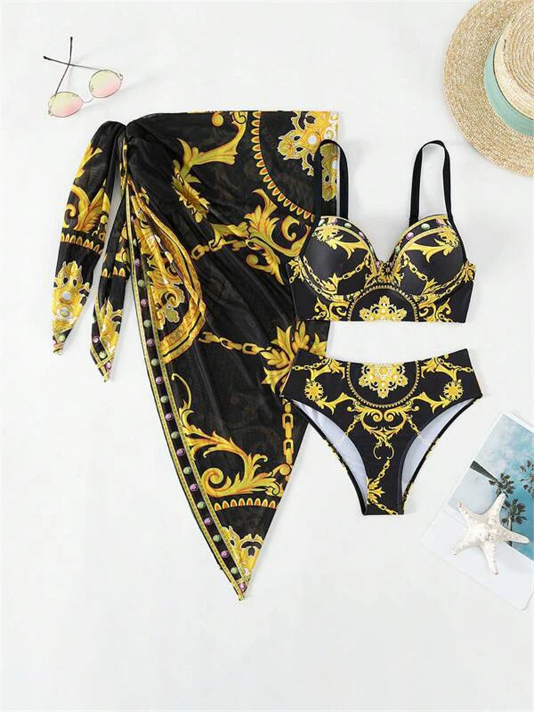 Femmes en bikini Maillot de bain 2025 Nouveau bikini imprimé à encolure halter Ensemble sexy taille haute Maillot de bain trois pièces avec paréo Vêtements de bain féminin