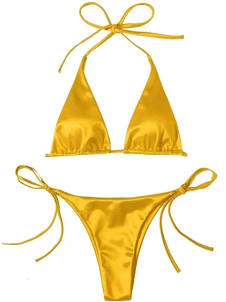 Ensemble de bikini satin métallique brésilien pour femmes, maillot de bain à deux pièces, maillot de bain à taille haute,