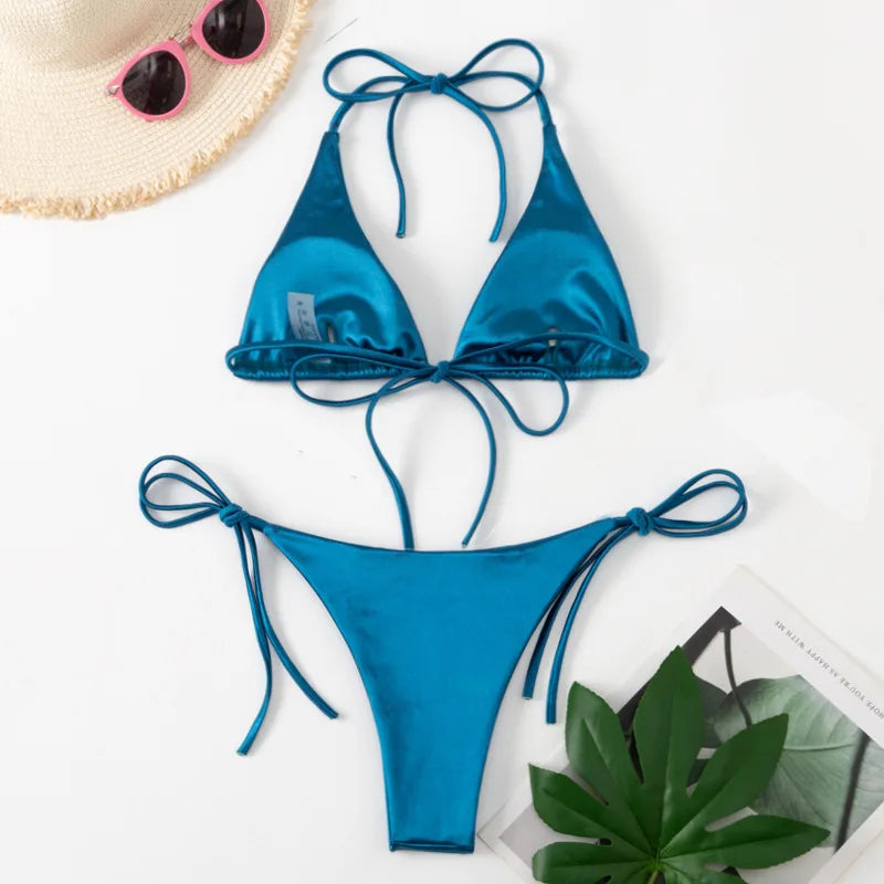 Ensemble de bikini satin métallique brésilien pour femmes, maillot de bain à deux pièces, maillot de bain à taille haute,