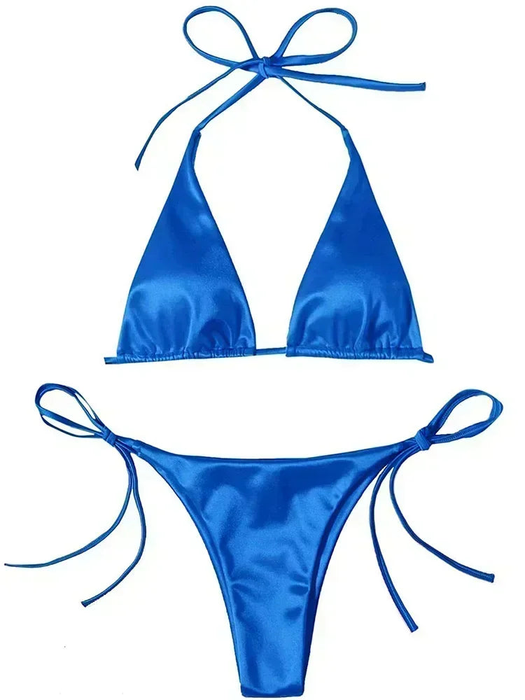 Ensemble de bikini satin métallique brésilien pour femmes, maillot de bain à deux pièces, maillot de bain à taille haute,