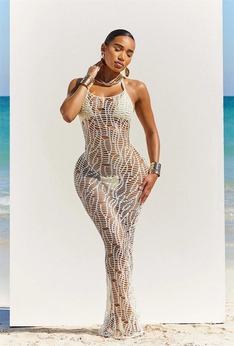 Ensemble de bikini sexy en 3 pièces pour femmes, robe longue de couverture sans dos, en maille à découpe, haut de soutien-gorge noué derrière le cou + maillot de bain culotte.