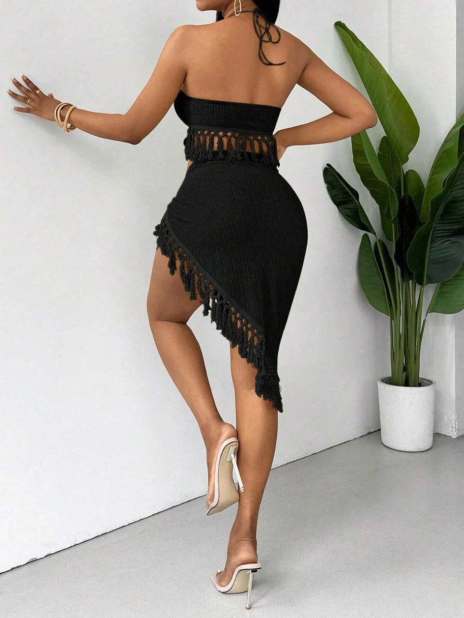 Bikini avec des franges sexy pour femmes, maillot de bain 2025, ensemble de deux pièces, haut à encolure halter, jupe fendu