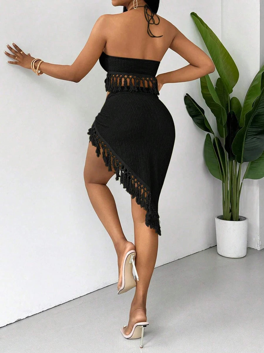 Bikini avec des franges sexy pour femmes, maillot de bain 2025, ensemble de deux pièces, haut à encolure halter, jupe fendu