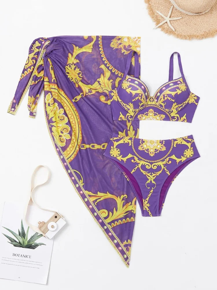 Femmes en bikini Maillot de bain 2025 Nouveau bikini imprimé à encolure halter Ensemble sexy taille haute Maillot de bain trois pièces avec paréo Vêtements de bain féminin