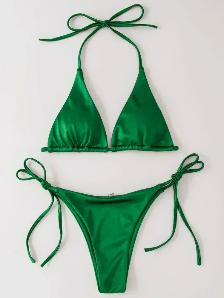 Ensemble de bikini satin métallique brésilien pour femmes, maillot de bain à deux pièces, maillot de bain à taille haute,
