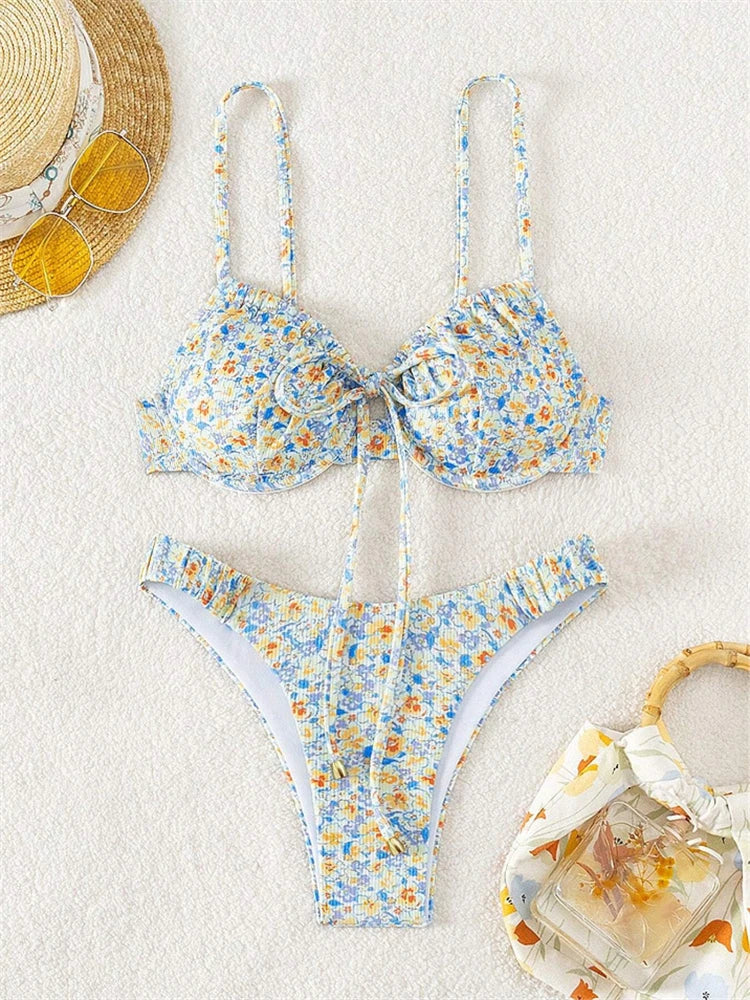 Bikini Femme Maillot de Bain 2025 Nouveau Imprimé Bretelles Ribs Bikinis Ensemble Sexy Culotte Maillot de Bain Été Deux Pièces Tenue de Plage Maillot de Bain Féminin