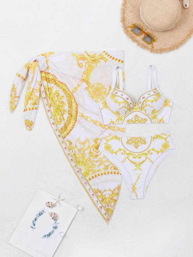 Femmes en bikini Maillot de bain 2025 Nouveau bikini imprimé à encolure halter Ensemble sexy taille haute Maillot de bain trois pièces avec paréo Vêtements de bain féminin