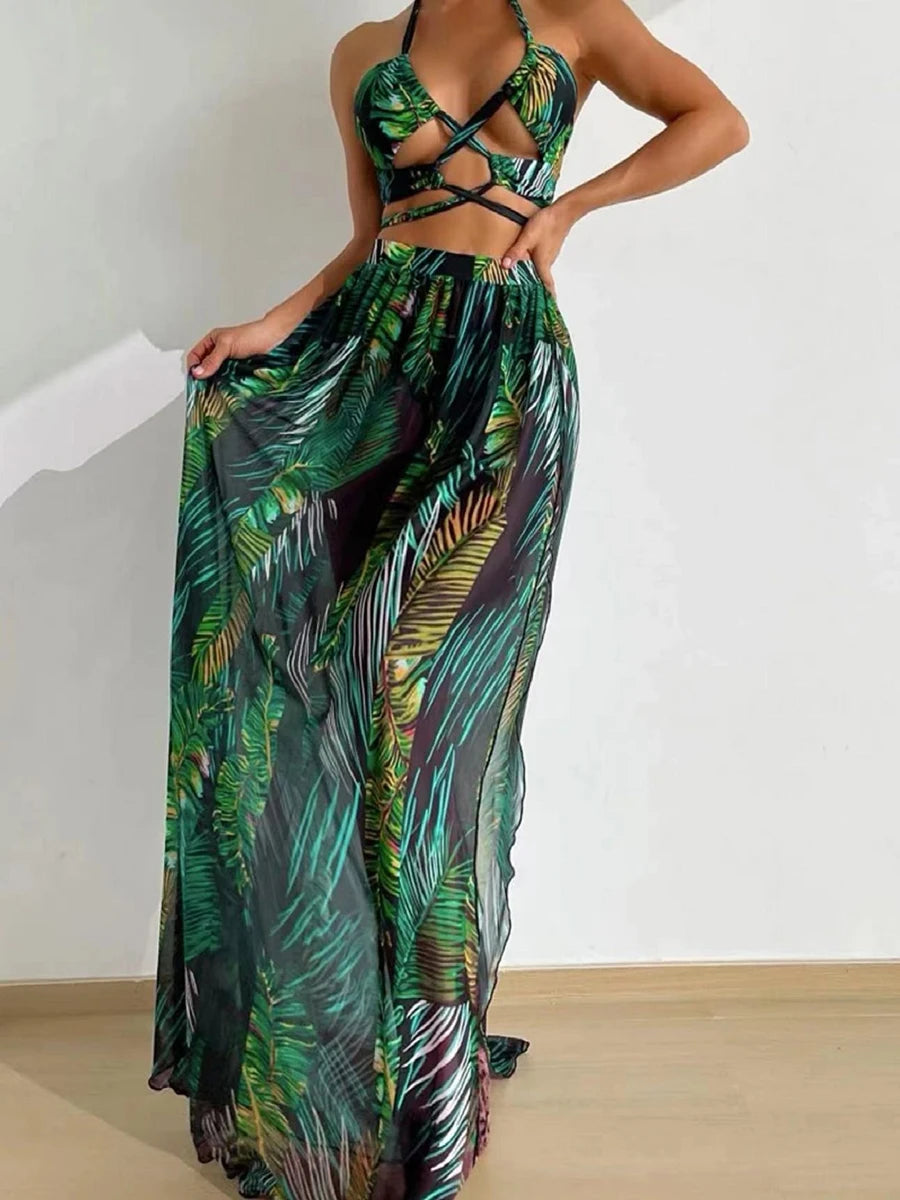 Bikinis 3 pièces Halter 2025 maillot de bain bandage et robe de plage maillots de bain sexy femmes vêtements de bain maillot