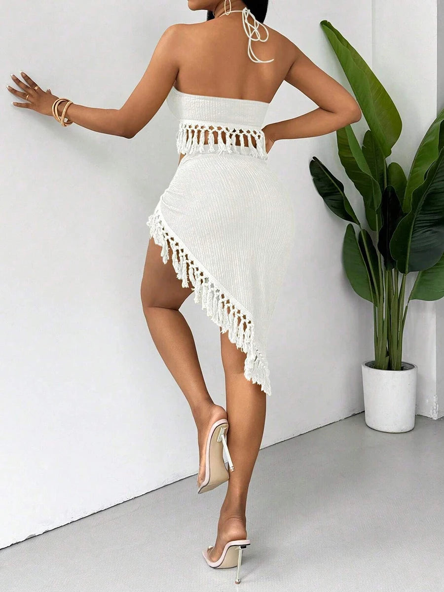 Bikini avec des franges sexy pour femmes, maillot de bain 2025, ensemble de deux pièces, haut à encolure halter, jupe fendu