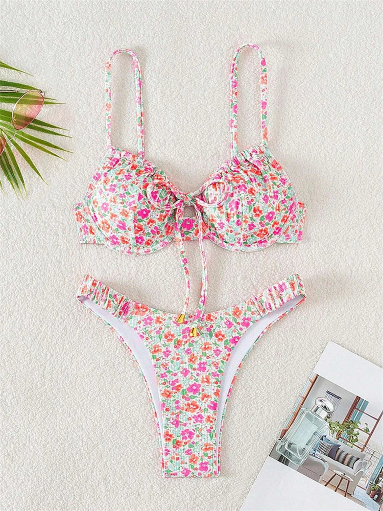 Bikini Femme Maillot de Bain 2025 Nouveau Imprimé Bretelles Ribs Bikinis Ensemble Sexy Culotte Maillot de Bain Été Deux Pièces Tenue de Plage Maillot de Bain Féminin