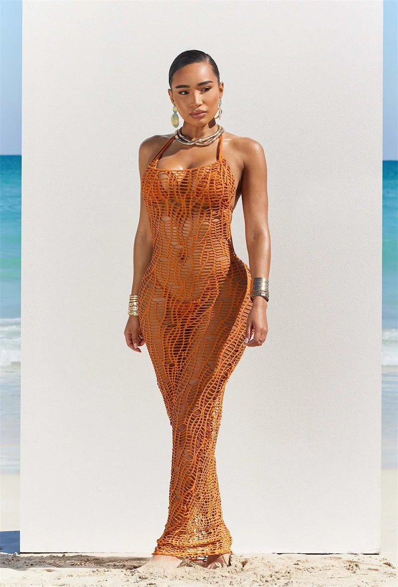 Ensemble de bikini sexy en 3 pièces pour femmes, robe longue de couverture sans dos, en maille à découpe, haut de soutien-gorge noué derrière le cou + maillot de bain culotte.