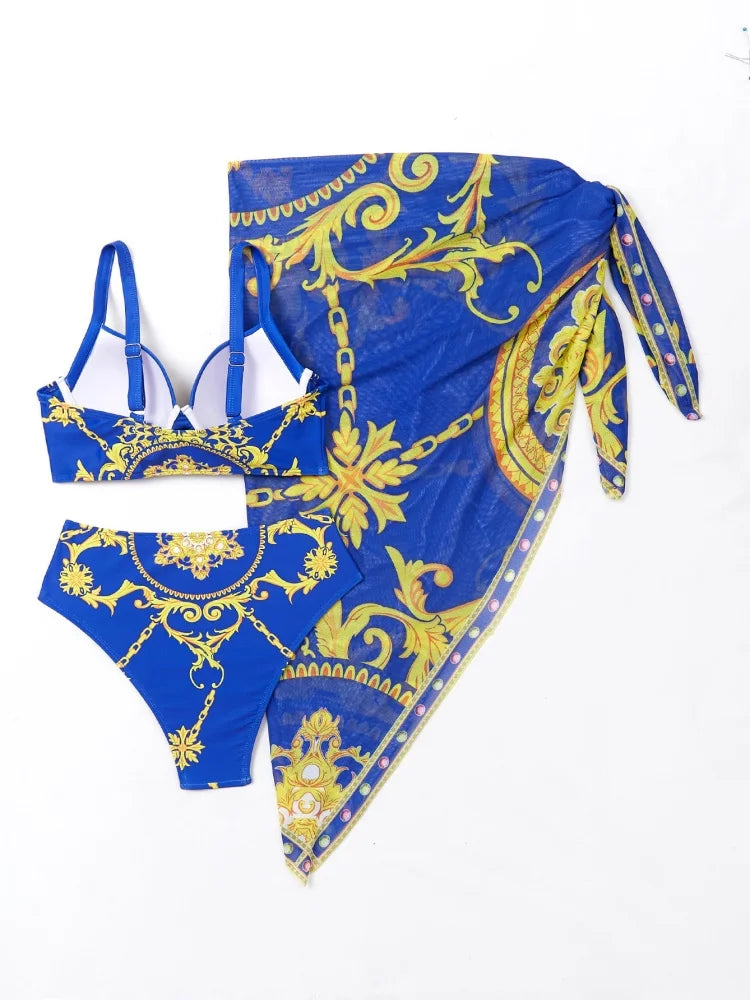 Femmes en bikini Maillot de bain 2025 Nouveau bikini imprimé à encolure halter Ensemble sexy taille haute Maillot de bain trois pièces avec paréo Vêtements de bain féminin