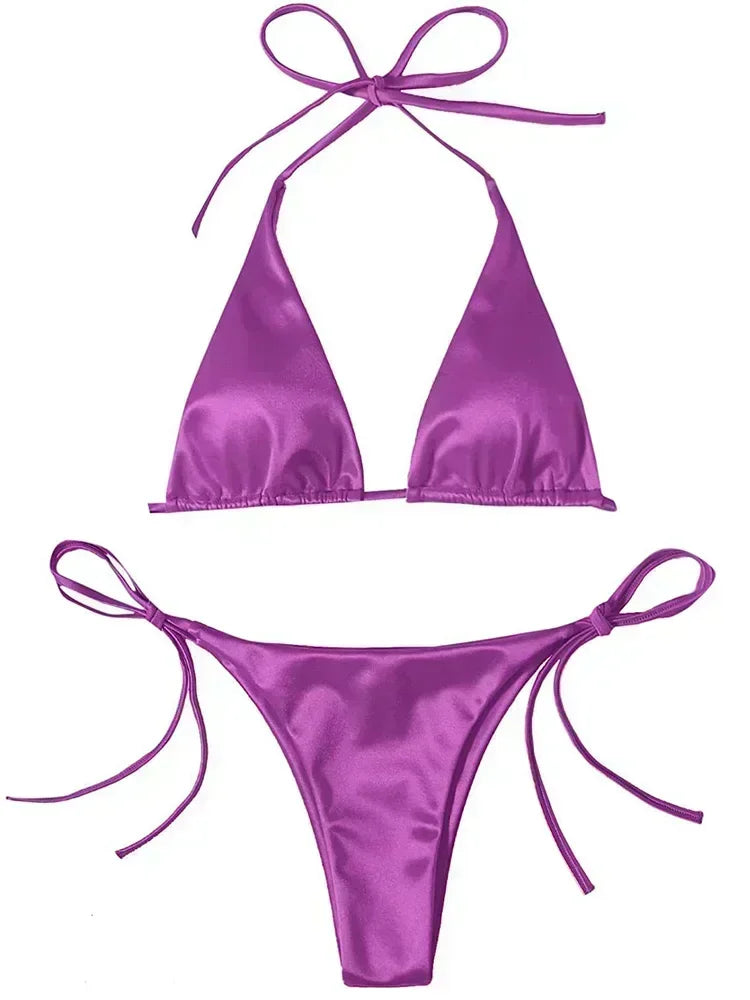 Ensemble de bikini satin métallique brésilien pour femmes, maillot de bain à deux pièces, maillot de bain à taille haute,