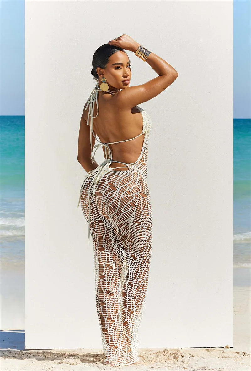Ensemble de bikini sexy en 3 pièces pour femmes, robe longue de couverture sans dos, en maille à découpe, haut de soutien-gorge noué derrière le cou + maillot de bain culotte.