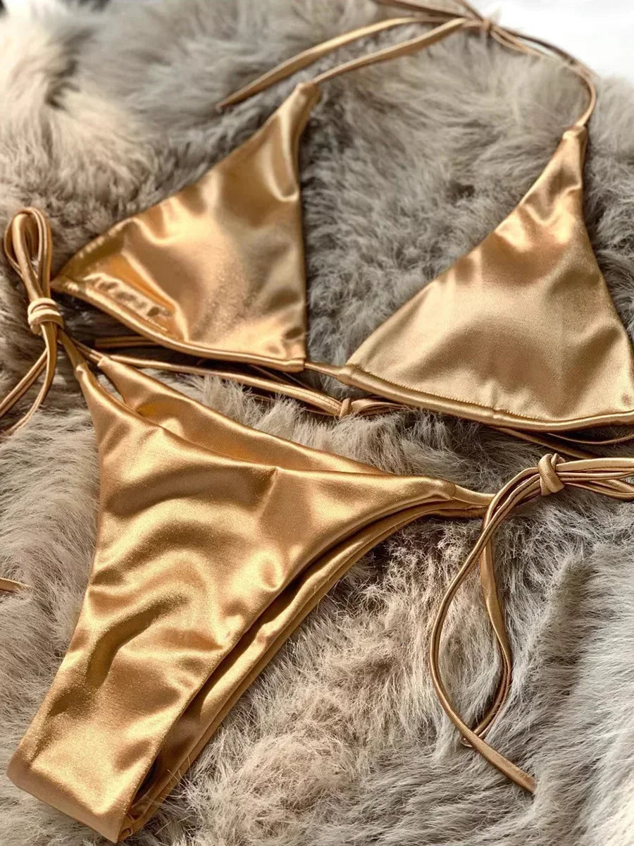 Ensemble de bikini satin métallique brésilien pour femmes, maillot de bain à deux pièces, maillot de bain à taille haute,