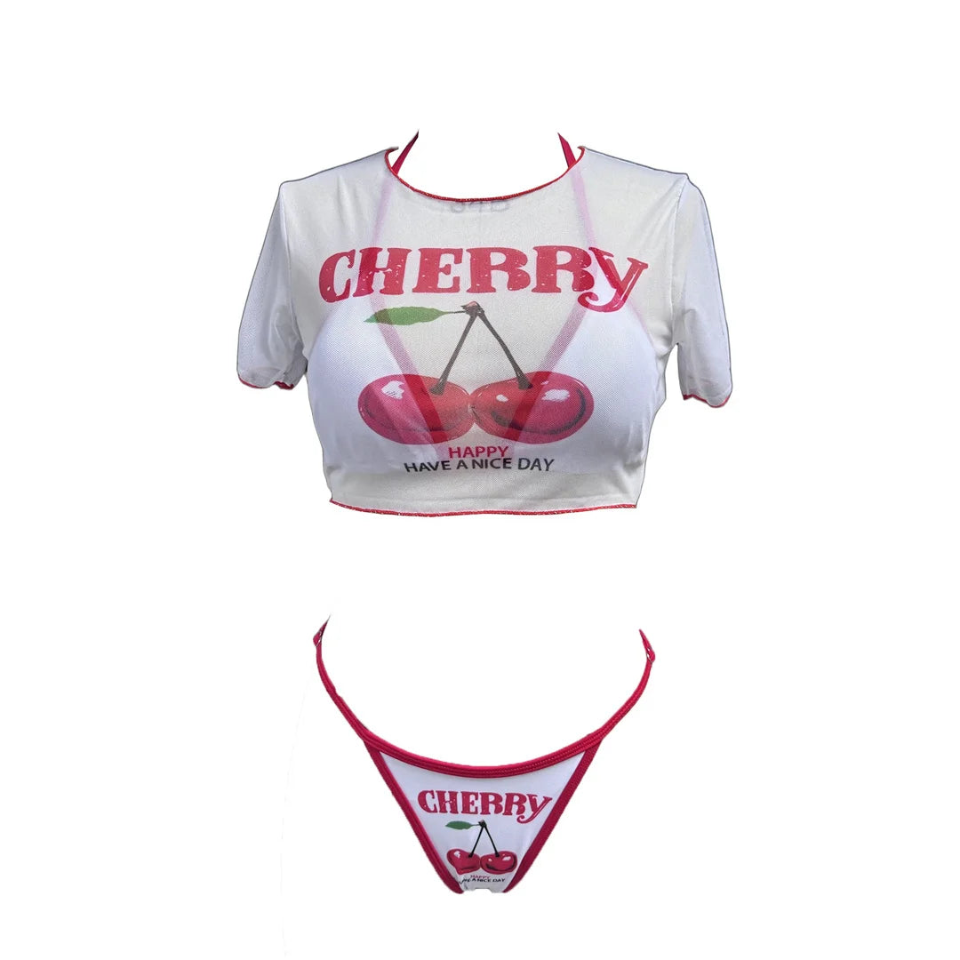 XS - L Maillot de bain pour femmes, bikini à manches courtes imprimé cerise, ensemble de bikini trois pièces,