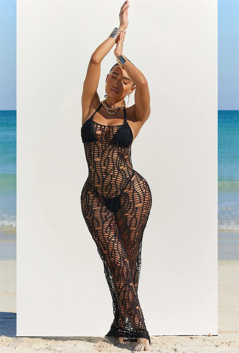 Ensemble de bikini sexy en 3 pièces pour femmes, robe longue de couverture sans dos, en maille à découpe, haut de soutien-gorge noué derrière le cou + maillot de bain culotte.