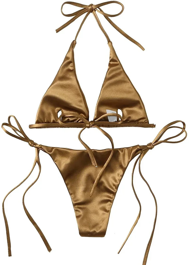 Ensemble de bikini satin métallique brésilien pour femmes, maillot de bain à deux pièces, maillot de bain à taille haute,