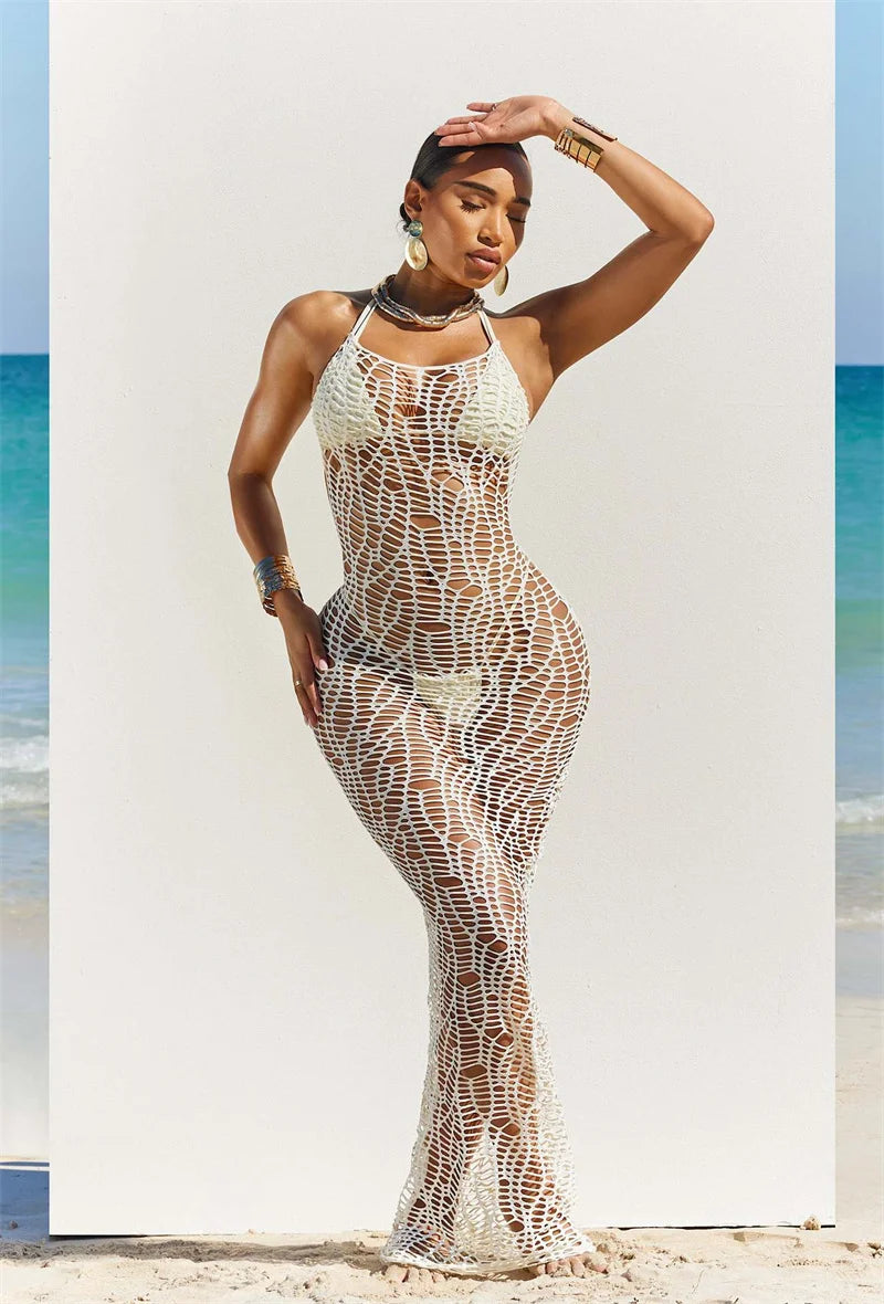Ensemble de bikini sexy en 3 pièces pour femmes, robe longue de couverture sans dos, en maille à découpe, haut de soutien-gorge noué derrière le cou + maillot de bain culotte.