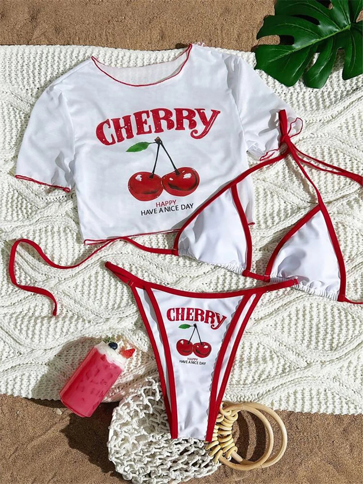 XS - L Maillot de bain pour femmes, bikini à manches courtes imprimé cerise, ensemble de bikini trois pièces,