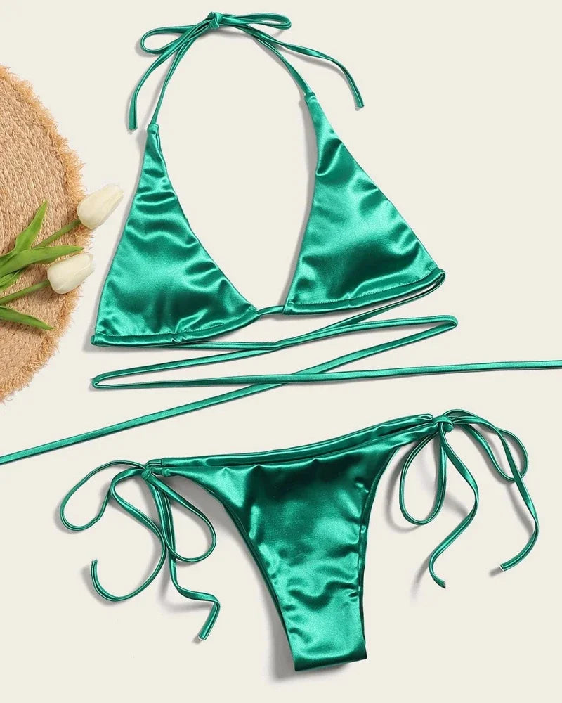 Ensemble de bikini satin métallique brésilien pour femmes, maillot de bain à deux pièces, maillot de bain à taille haute,