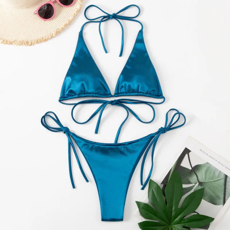 Ensemble de bikini satin métallique brésilien pour femmes, maillot de bain à deux pièces, maillot de bain à taille haute,