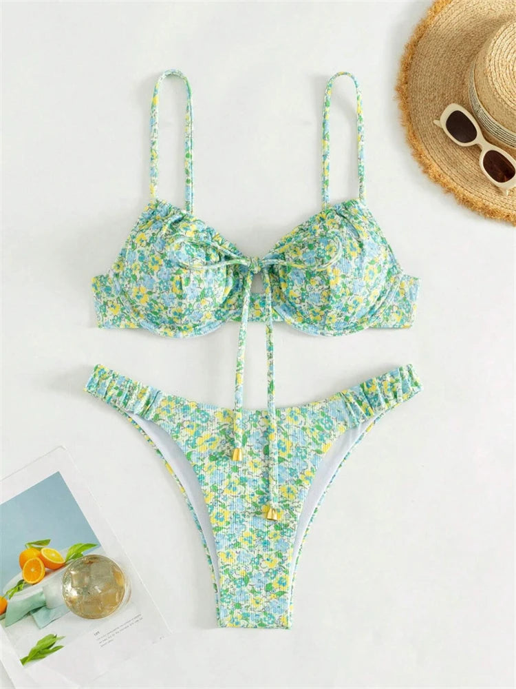 Bikini Femme Maillot de Bain 2025 Nouveau Imprimé Bretelles Ribs Bikinis Ensemble Sexy Culotte Maillot de Bain Été Deux Pièces Tenue de Plage Maillot de Bain Féminin