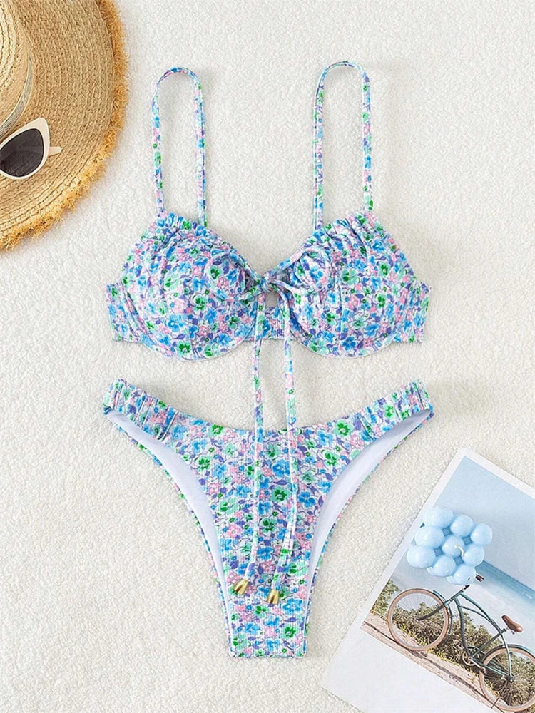 Bikini Femme Maillot de Bain 2025 Nouveau Imprimé Bretelles Ribs Bikinis Ensemble Sexy Culotte Maillot de Bain Été Deux Pièces Tenue de Plage Maillot de Bain Féminin