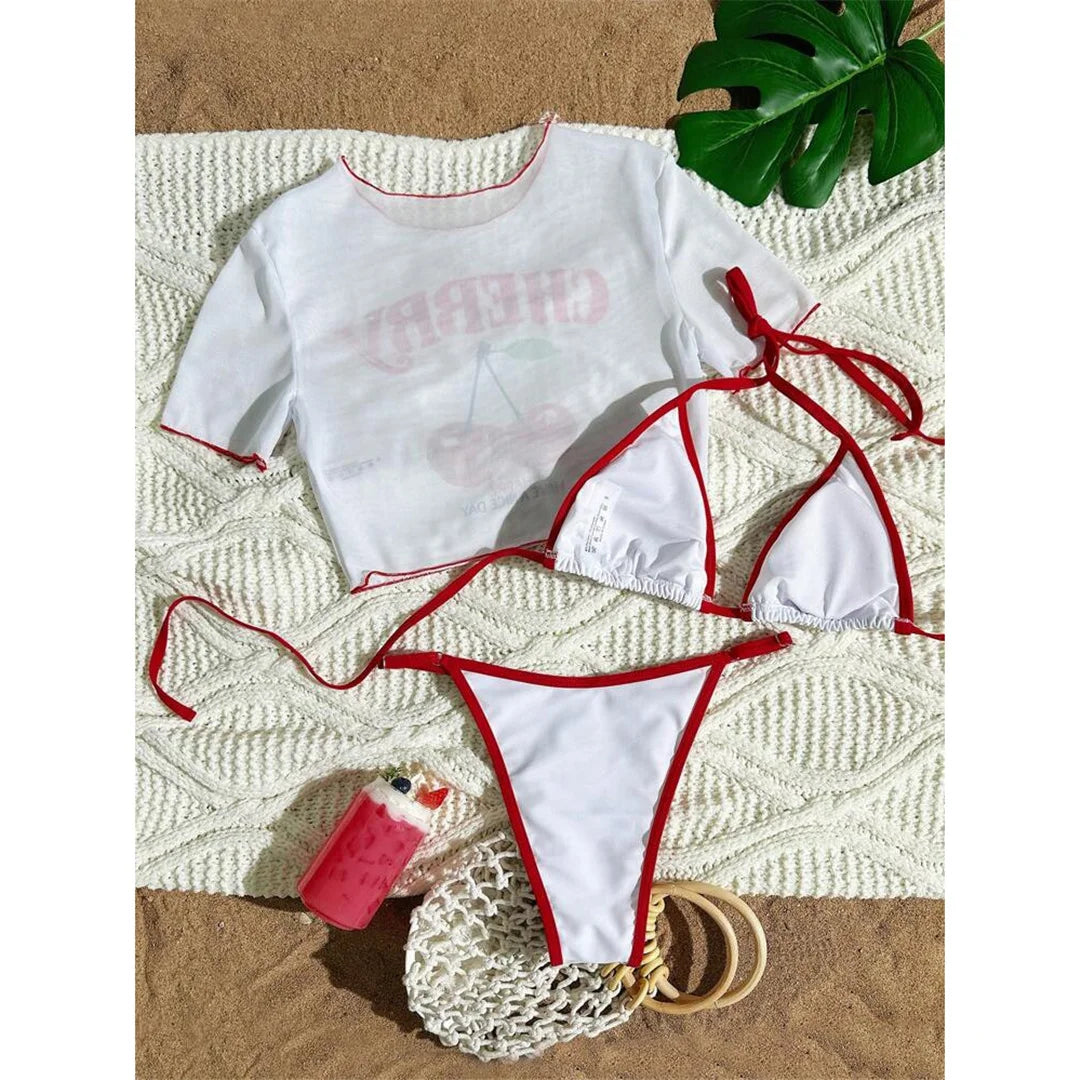 XS - L Maillot de bain pour femmes, bikini à manches courtes imprimé cerise, ensemble de bikini trois pièces,